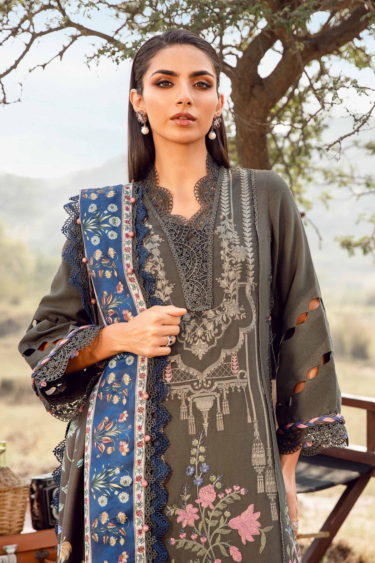 Maria. B 3 Piece Unstitched Printed Linen Suit - MPT-2401-A