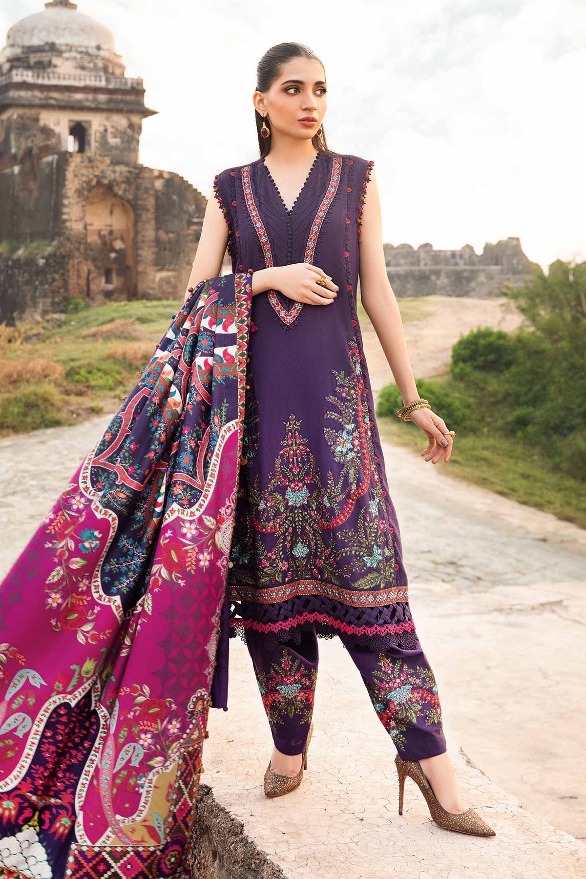 Maria. B 3 Piece Unstitched Printed Linen Suit - MPT-2402-A