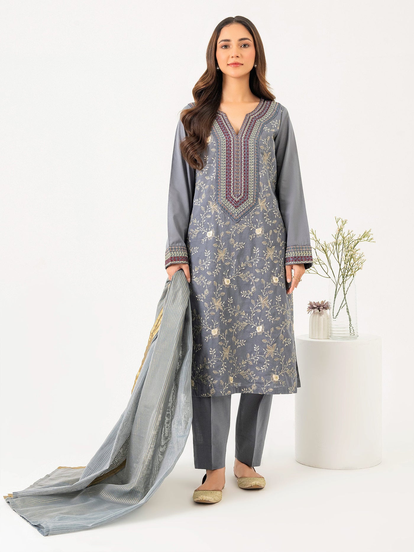 Limelight 3 Piece Stitched Embroidered Lawn Suit P8042SU - Grey