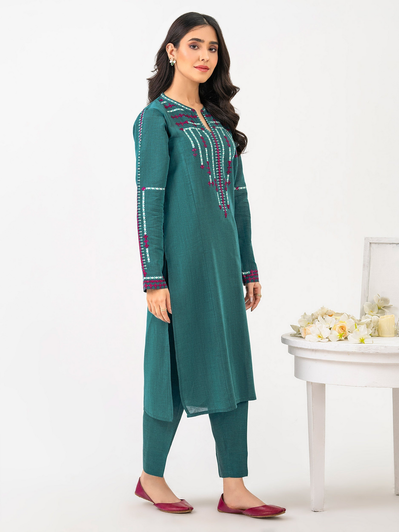 Limelight 2 Piece Stitched Embroidered Yarn Dyed Suit P8368SU - Teal Blue