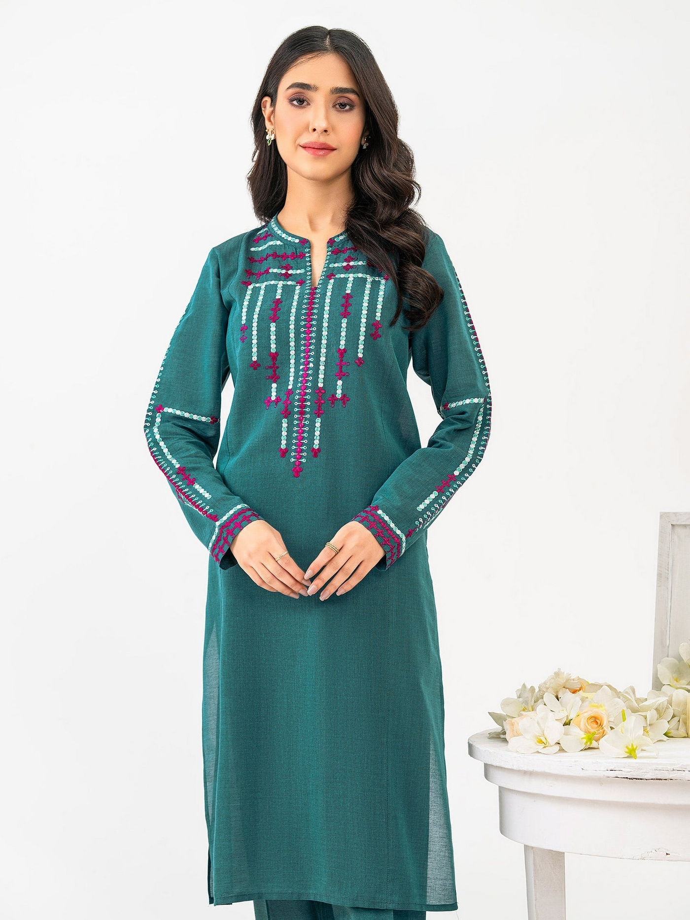 Limelight 2 Piece Stitched Embroidered Yarn Dyed Suit P8368SU - Teal Blue