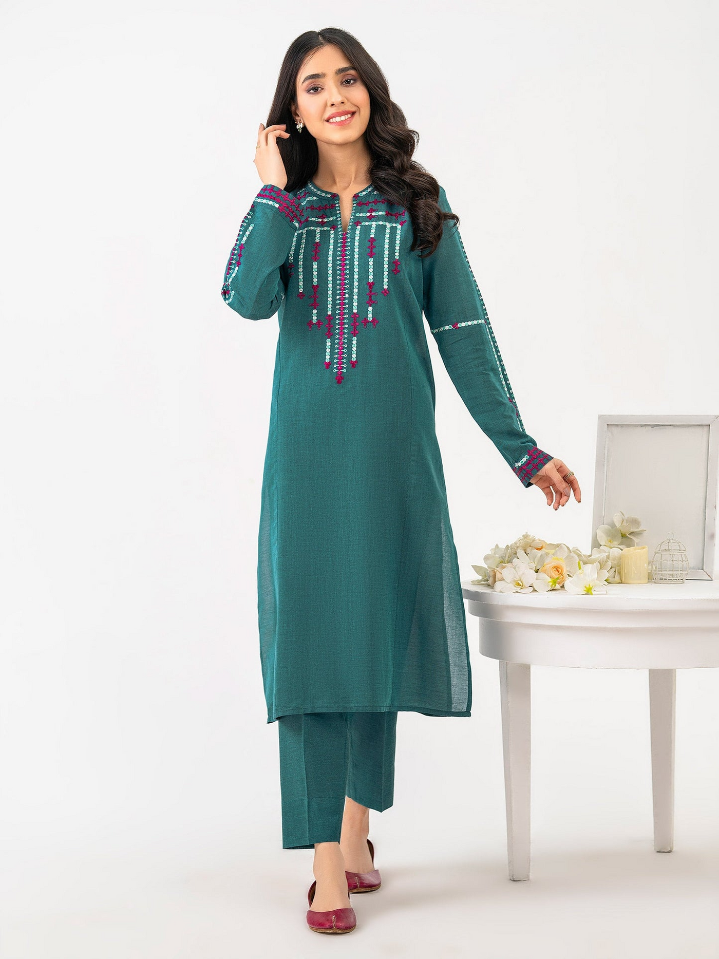 Limelight 2 Piece Stitched Embroidered Yarn Dyed Suit P8368SU - Teal Blue