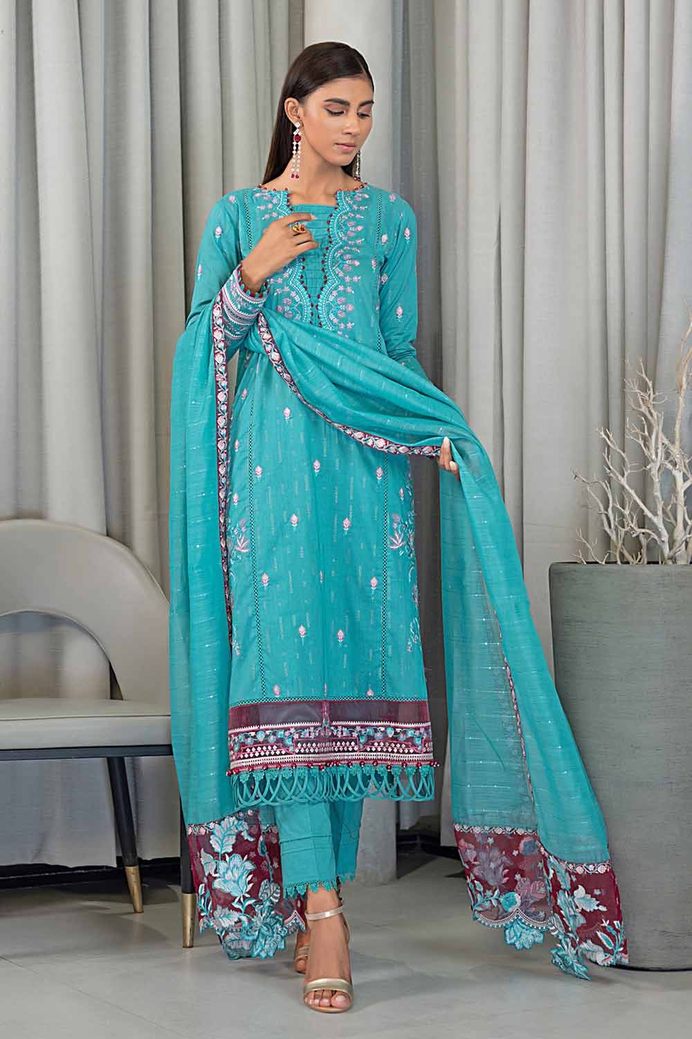 Gul Ahmed 3PC Embroidered Glitter Printed Cambric Unstitched Suit with Sequins Dupatta PM-32073