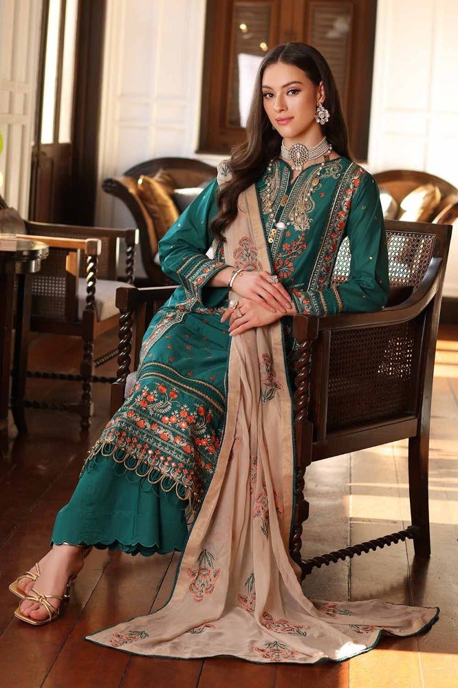 Gul Ahmed 3PC Embroidered Lawn Unstitched Suit with Zari and Sequins Embroidered Chiffon Dupatta - PM-42009