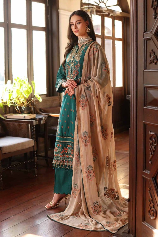 Gul Ahmed 3PC Embroidered Lawn Unstitched Suit with Zari and Sequins Embroidered Chiffon Dupatta - PM-42009