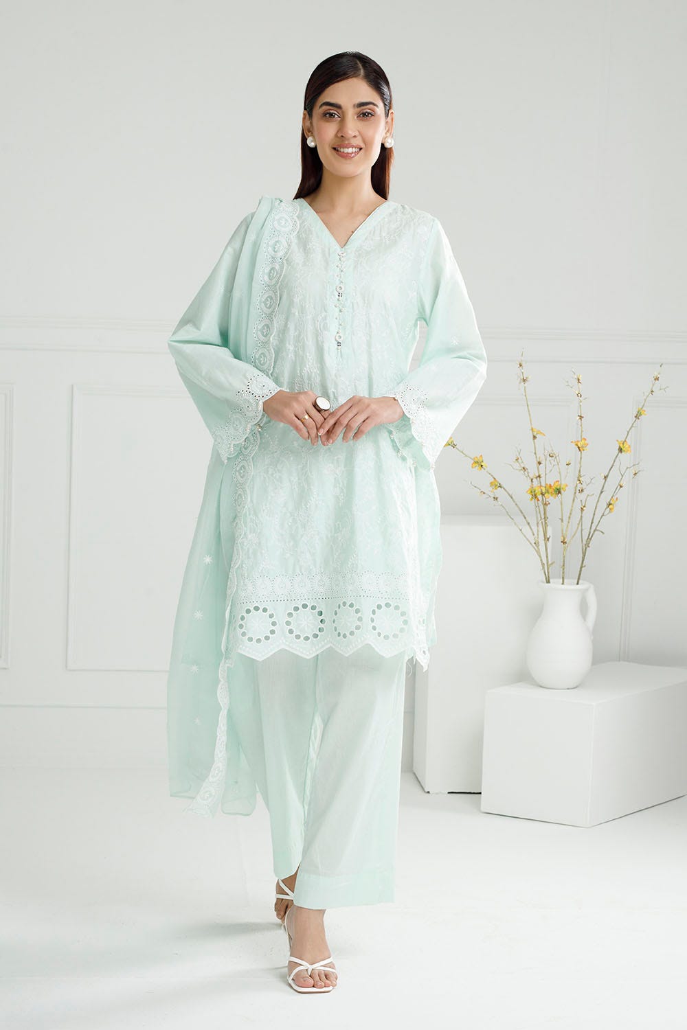 Gul Ahmed 3 Piece Unstitched Schiffli Embroidered Lawn Suit with Embroidered Chiffon Dupatta PM-52050