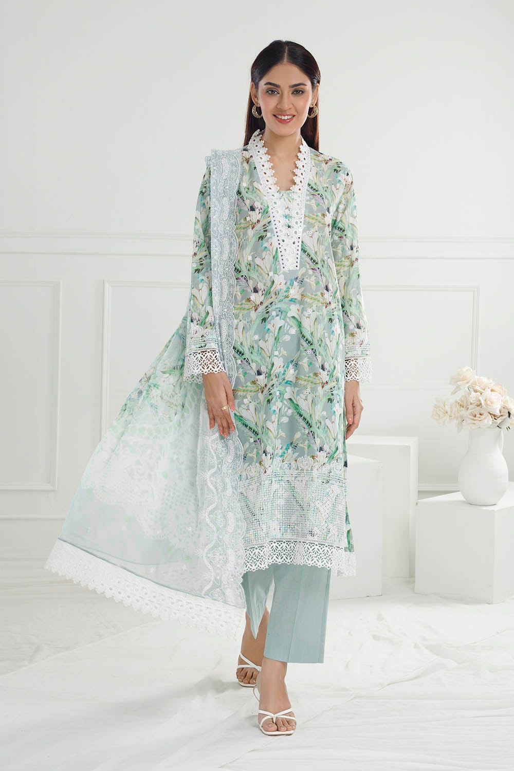 Gul Ahmed 3 Piece Unstitched Embroidered Printed Lawn Suit with Embroidered Printed Chiffon Dupatta PR-52007