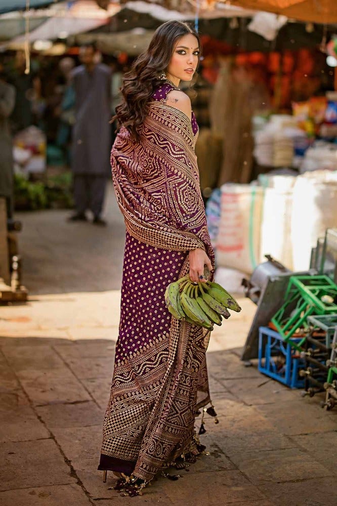 Gul Ahmed 3PC Gold and Lacquer Printed Chiffon Unstitched Saree with Raw Silk Blouse PRS-42001