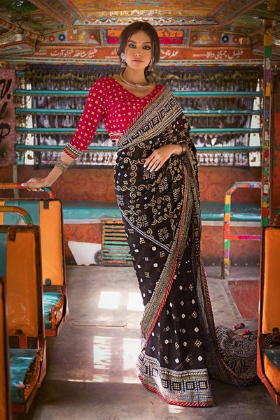 Gul Ahmed 3PC Gold and Lacquer Printed Chiffon Unstitched Saree with Raw Silk Blouse PRS-42002