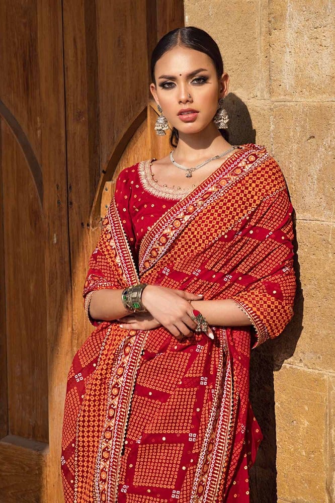 Gul Ahmed 3PC Embroidered Gold and Lacquer Printed Chiffon Unstitched Saree with Raw Silk Blouse PRS-42004