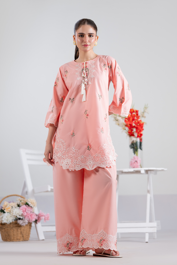 Dor 2 Piece Ready to Wear Embroidered Co-Order Set - Peach Blossom