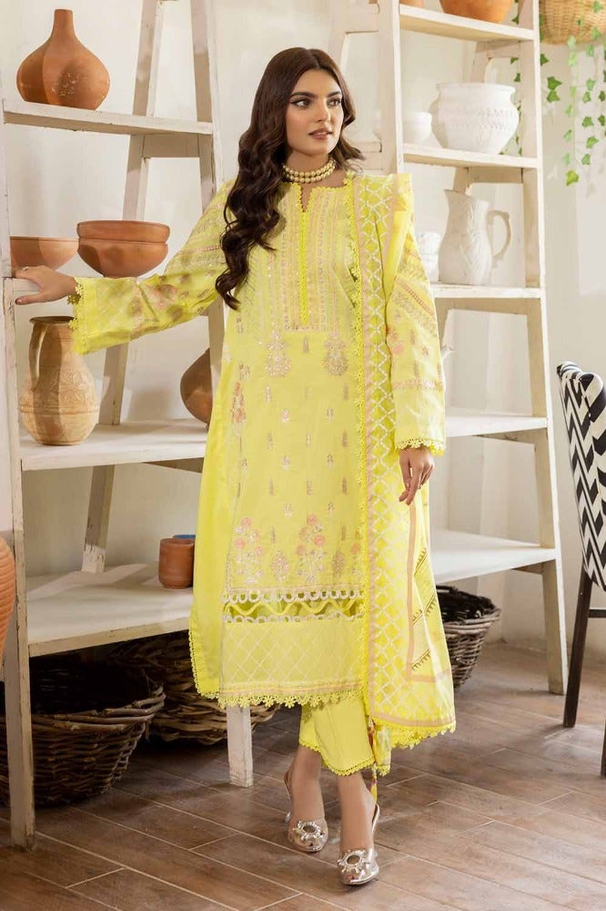 Gul Ahmed 3PC Embroidered Lawn Unstitched Suit with Gold and Lacquer Printed Paper Cotton Dupatta - SP-32003