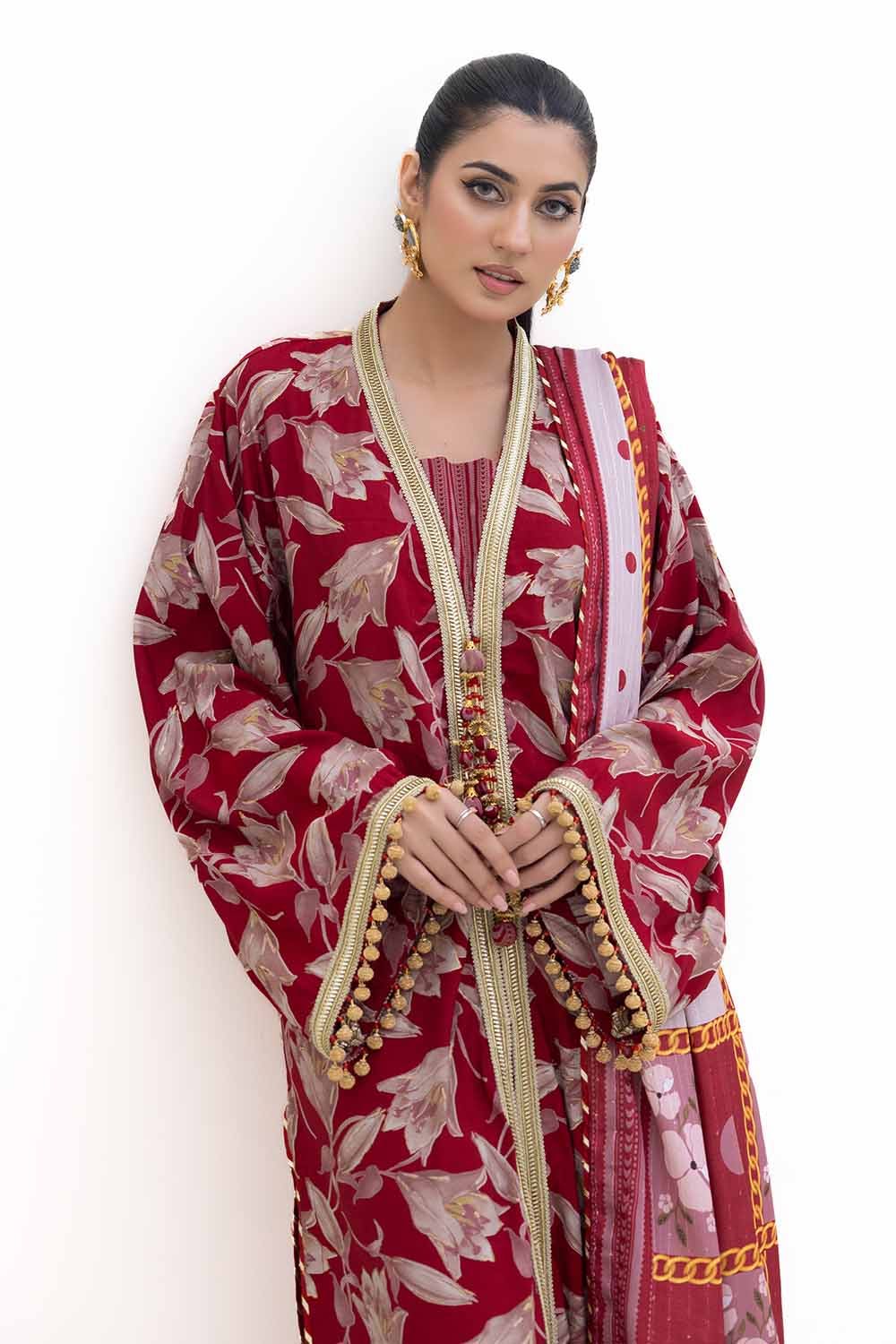 Gul Ahmed 3PC Unstitched Gold Printed Polyester Suit with Printed Sequins Stripe Dupatta SP-42046