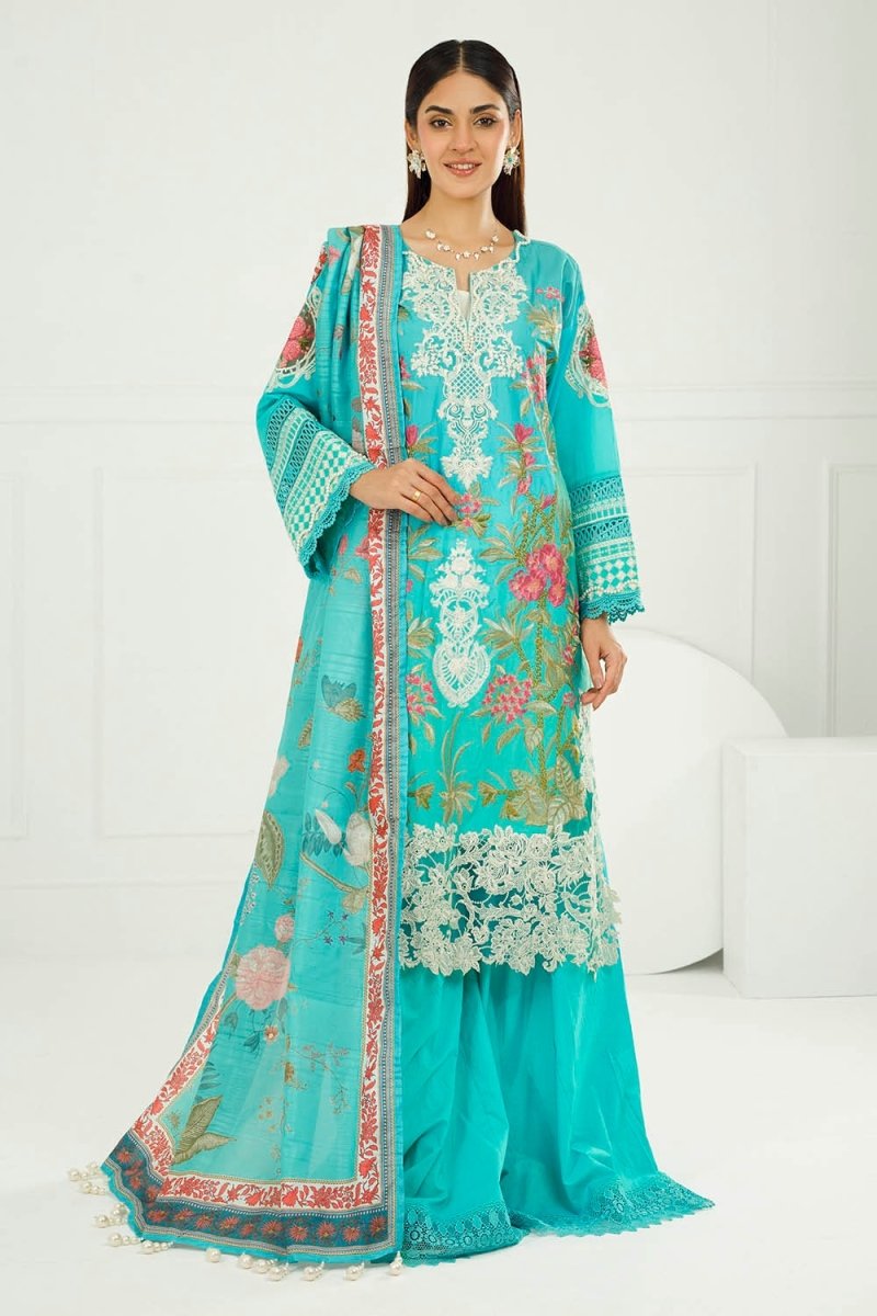 Gul Ahmed 3 Piece Unstitched Embroidered Printed Lawn Suit with Printed Tussar Silk Dupatta SP-52045