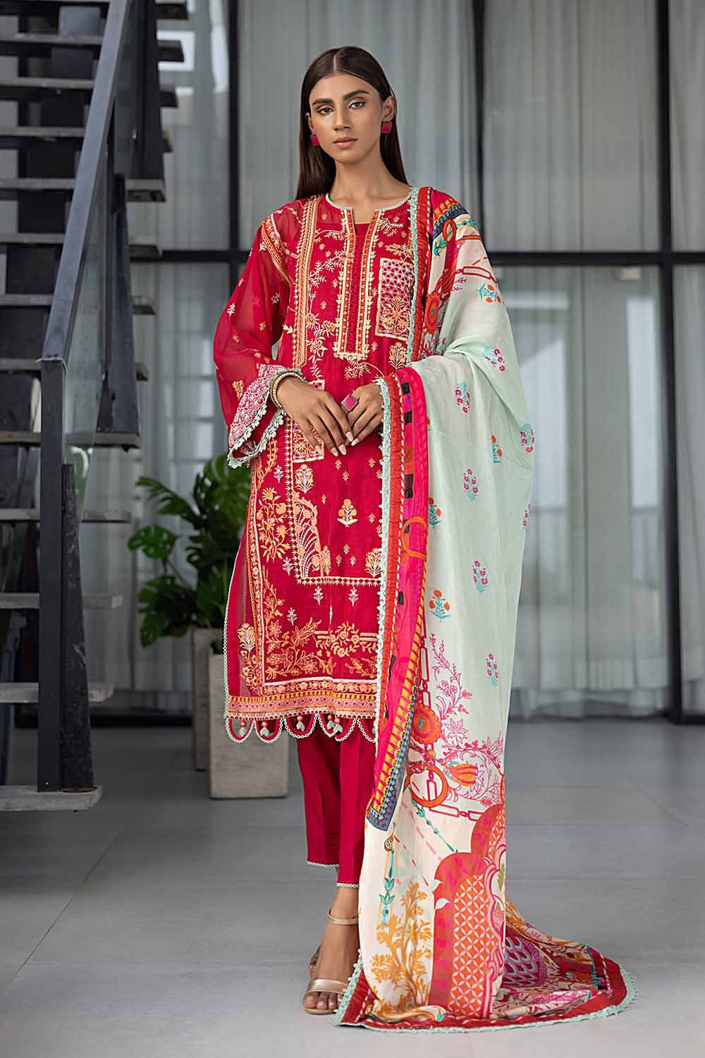 Gul Ahmed 3PC Embroidered Net Unstitched Suit with Digital Printed Silk Dupatta SSM-32006