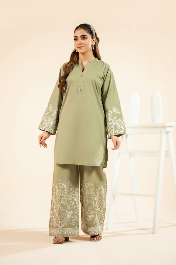 Dor 2 Piece Ready to Wear Embroidered Co-Order Set - Sage Foliage