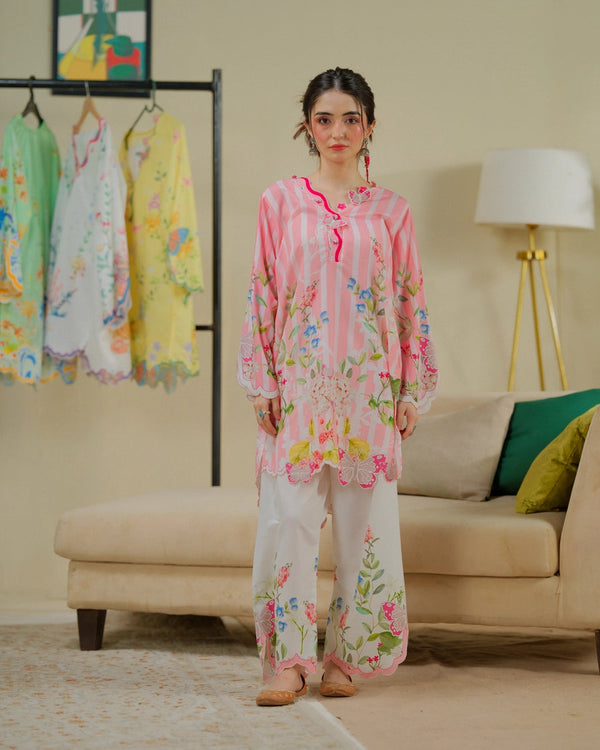 Dhaga 2 Piece Ready to Wear Intricate Cutwork Suit - Strawberry Matcha