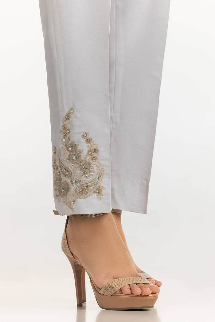 Gul Ahmed Stitched White Rawsilk Embroidered Trouser TR-24-30-White