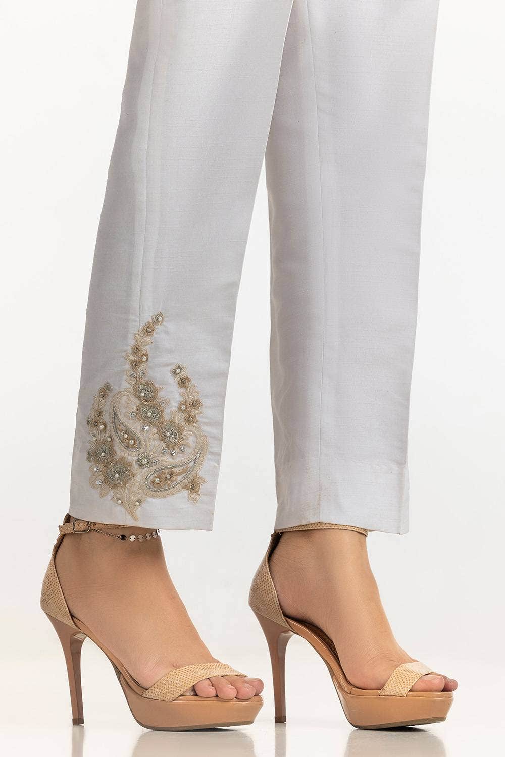 Gul Ahmed Stitched White Rawsilk Embroidered Trouser TR-24-30-White