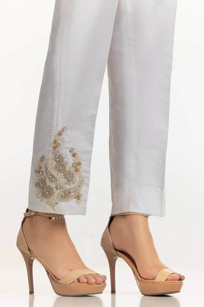 Gul Ahmed Stitched White Rawsilk Embroidered Trouser TR-24-30-White