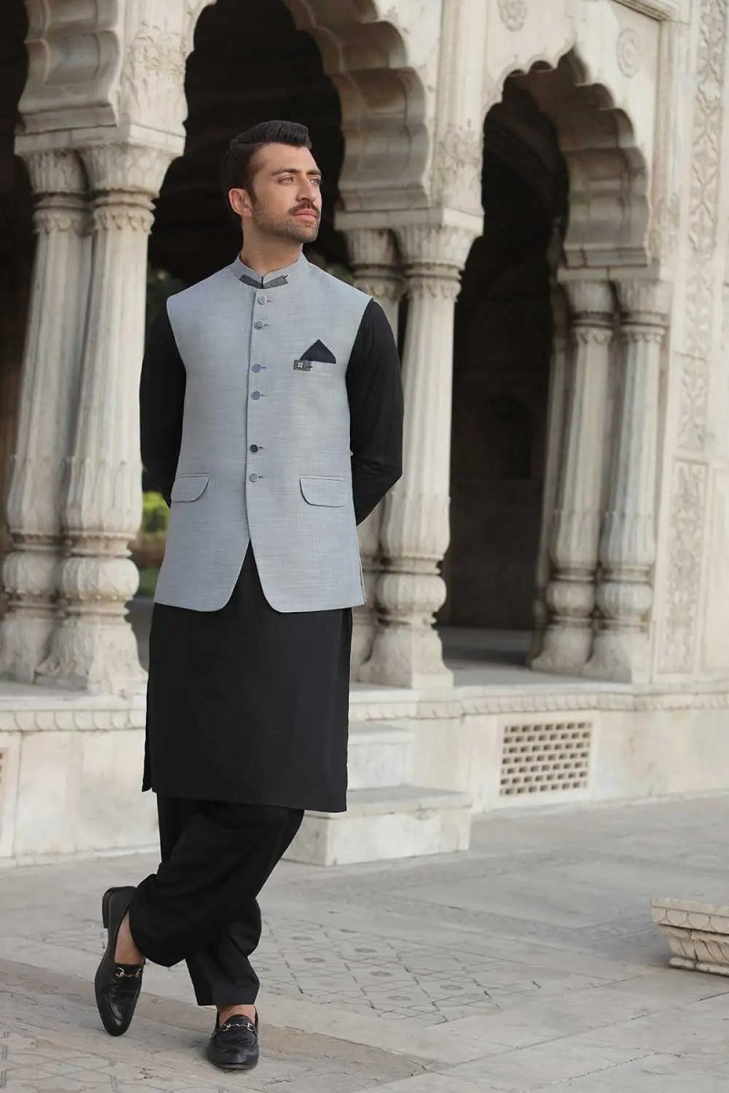 Gul Ahmed Ready to Wear Grey Stylized Waistcoat - WC-PD22-013