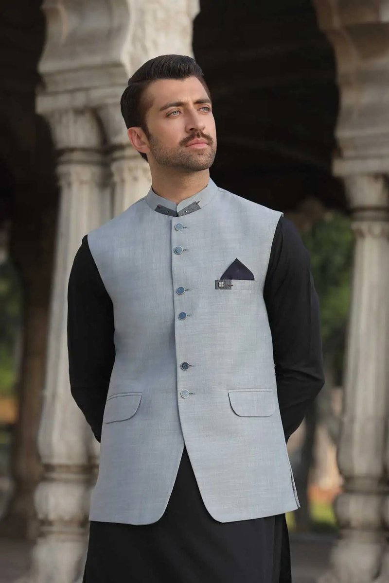 Gul Ahmed Ready to Wear Grey Stylized Waistcoat - WC-PD22-013