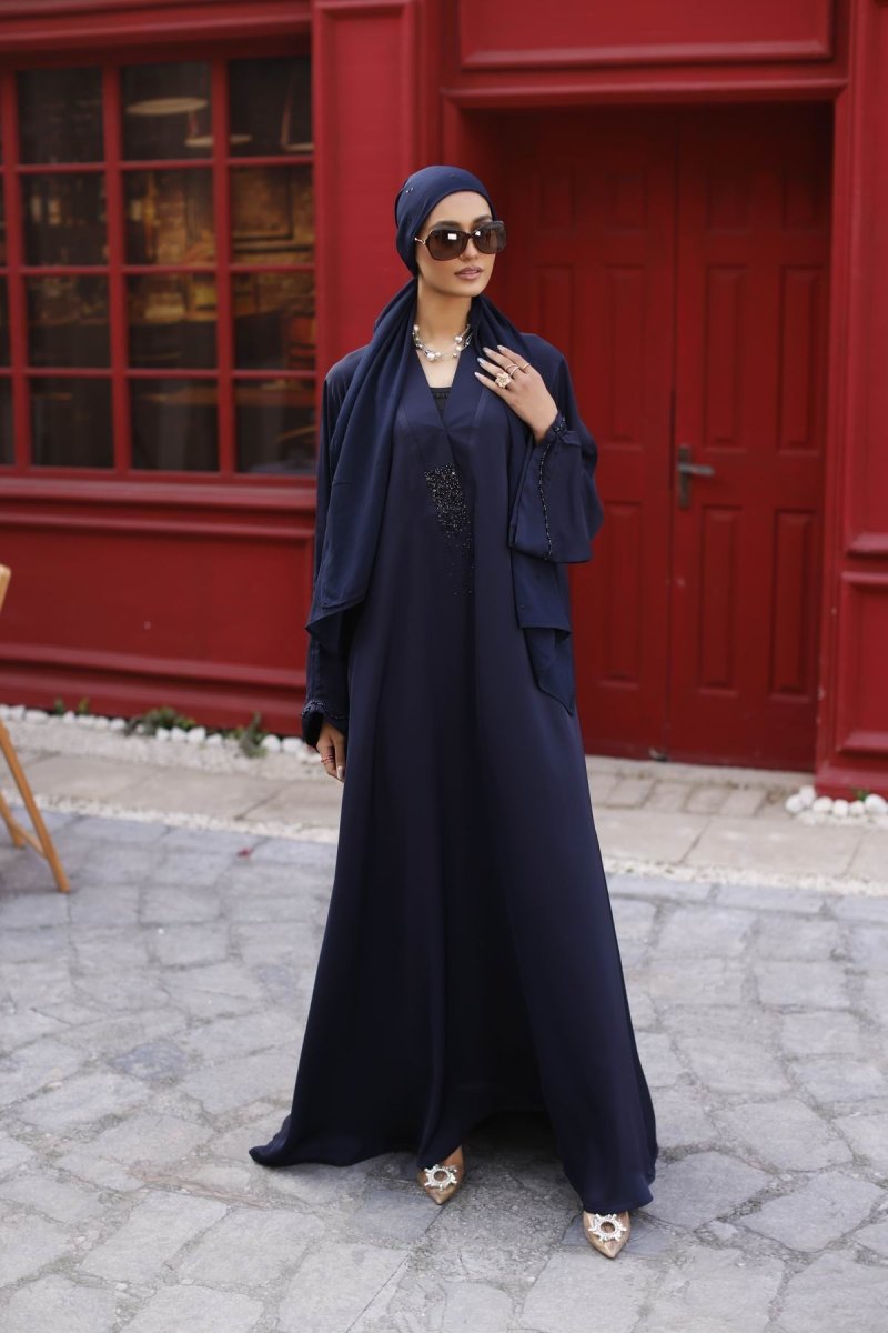 Gul Ahmed Ready To Wear Georgette Abaya With Wool Chiffon Embr Scarf - WGB-KAB-22031