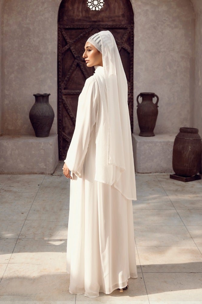 Gul Ahmed Ready To Wear Nisa Silver Zari Chiffon Embellished Abaya And Wool Chiffon dyed Scarf - WGB-KAB-22122