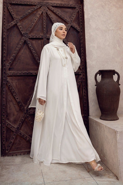 Gul Ahmed Ready To Wear Nisa Silver Zari Chiffon Embellished Abaya And Wool Chiffon dyed Scarf - WGB-KAB-22122