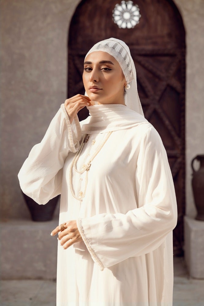 Gul Ahmed Ready To Wear Nisa Silver Zari Chiffon Embellished Abaya And Wool Chiffon dyed Scarf - WGB-KAB-22122