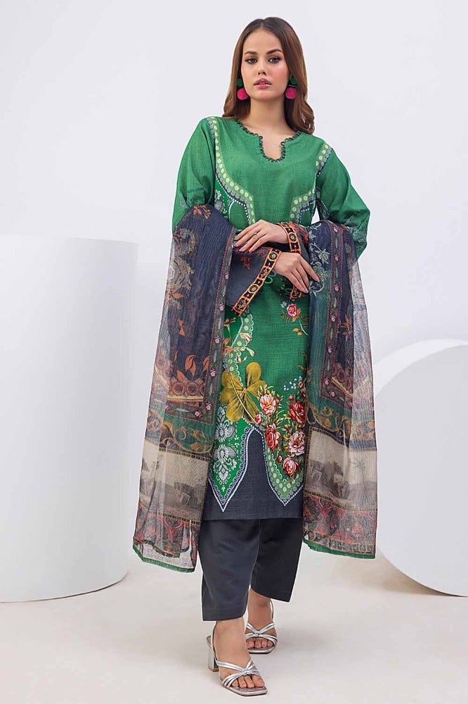 Gul Ahmed 3PC Printed Khaddar Unstitched Suit with Net Dupatta WRF-32011