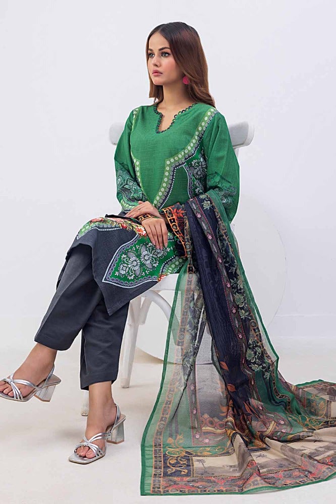 Gul Ahmed 3PC Printed Khaddar Unstitched Suit with Net Dupatta WRF-32011