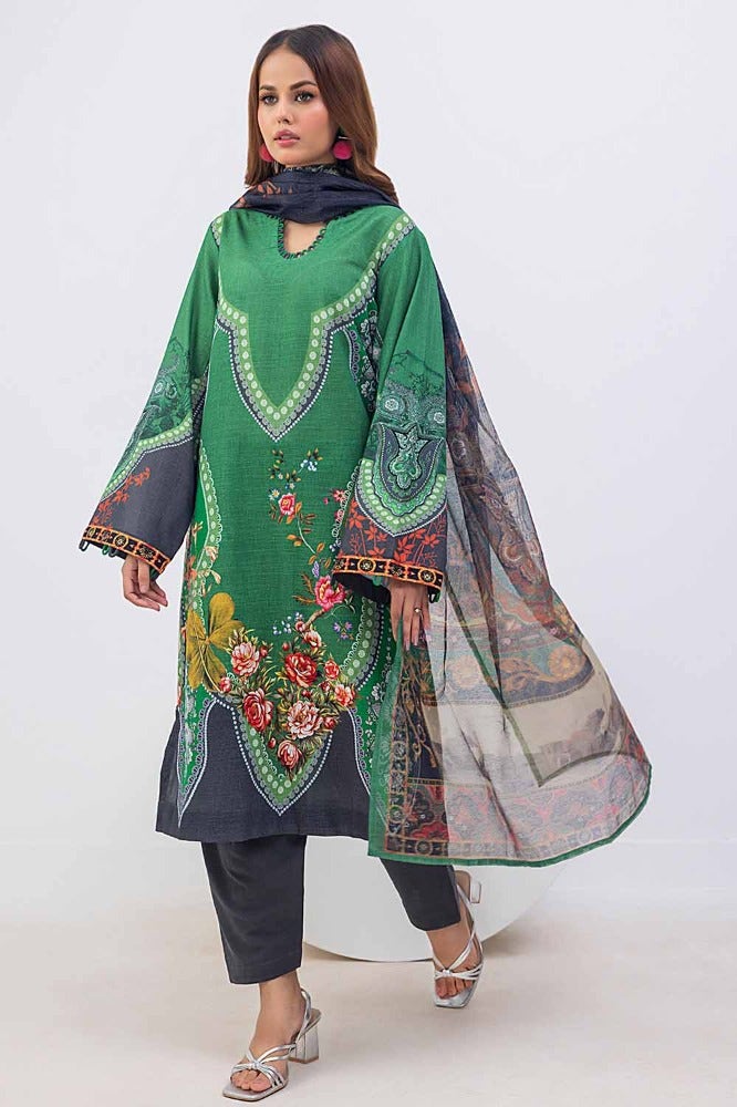 Gul Ahmed 3PC Printed Khaddar Unstitched Suit with Net Dupatta WRF-32011