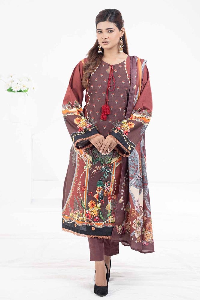 Gul Ahmed 3PC Printed Khaddar Unstitched Suit with Linen Dupatta WRF-32013