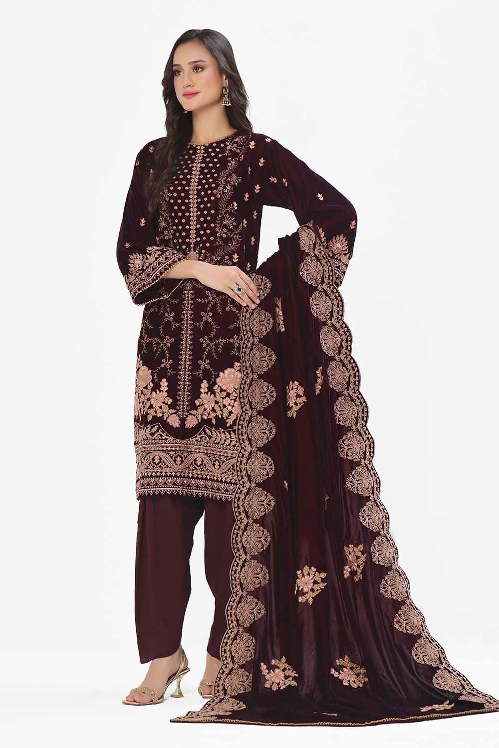 Gul Ahmed 3 Piece Unstitched Embroidered Velvet Suit with Embroidered Velvet Dupatta WV-42006