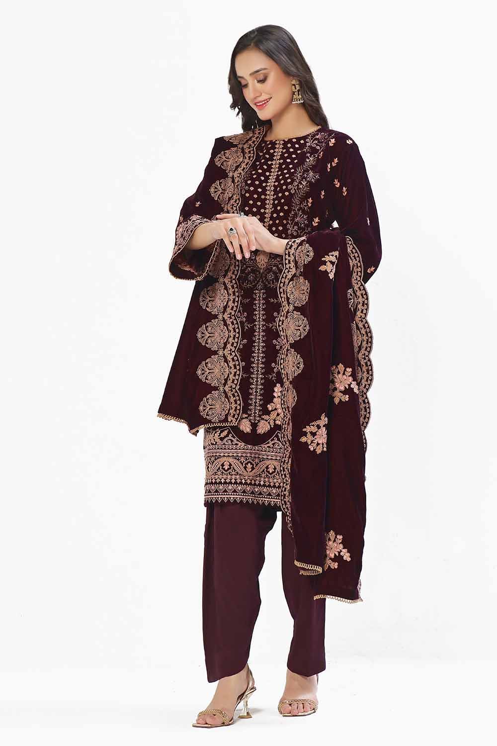 Gul Ahmed 3 Piece Unstitched Embroidered Velvet Suit with Embroidered Velvet Dupatta WV-42006