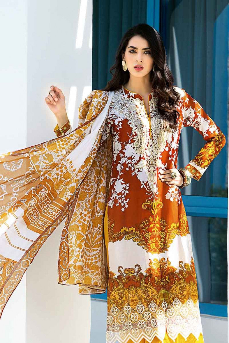 Gul Ahmed Printed Lawn and Embroidered lace Beige 3 PC Stitched Suit - CL-514 B