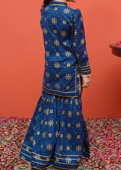 Modest Stitched Kid’s Printed Cambric Suit Blue - 8555