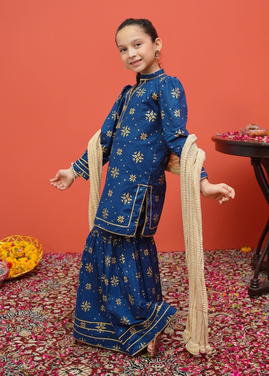 Modest Stitched Kid’s Printed Cambric Suit Blue - 8555