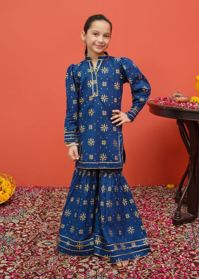 Modest Stitched Kid’s Printed Cambric Suit Blue - 8555