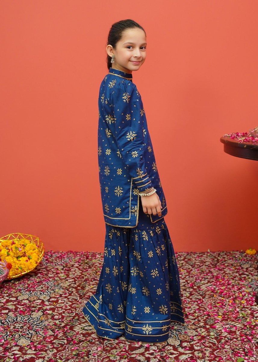 Modest Stitched Kid’s Printed Cambric Suit Blue - 8555