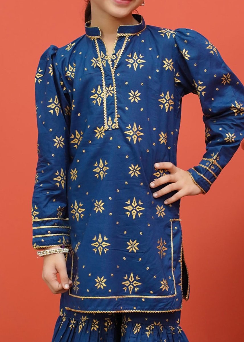 Modest Stitched Kid’s Printed Cambric Suit Blue - 8555