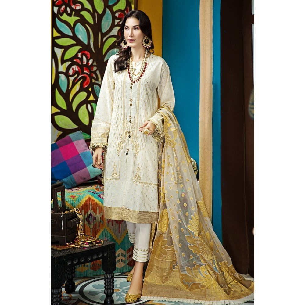 Gul Ahmed 3PC Unstitched Festive Embroidered Suit with Organza Zari Jacquard Dupatta FE-286
