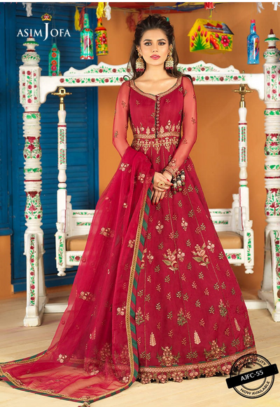Asim Jofa 3 Piece Embroidered Suit - Cherry Red AJFC-55