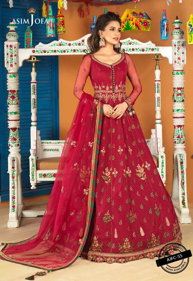 Asim Jofa 3 Piece Embroidered Suit - Cherry Red AJFC-55