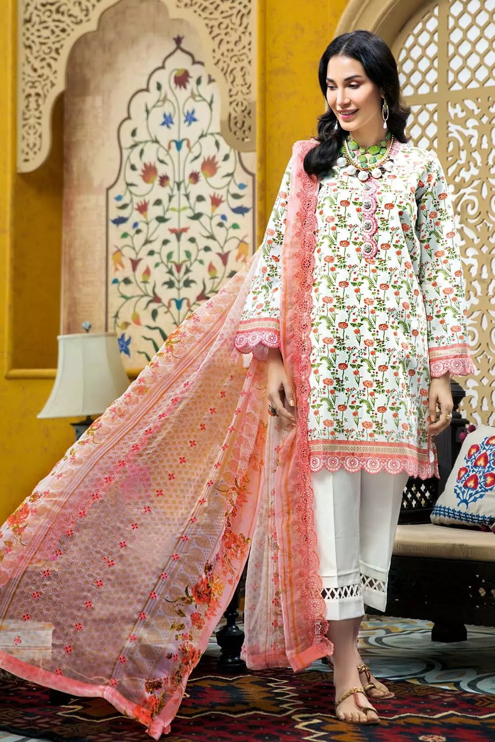 Gul Ahmed 3PC Unstitched Embroidered Printed Lawn Suit With Embroidered & Printed Chiffon Dupatta BCT-27