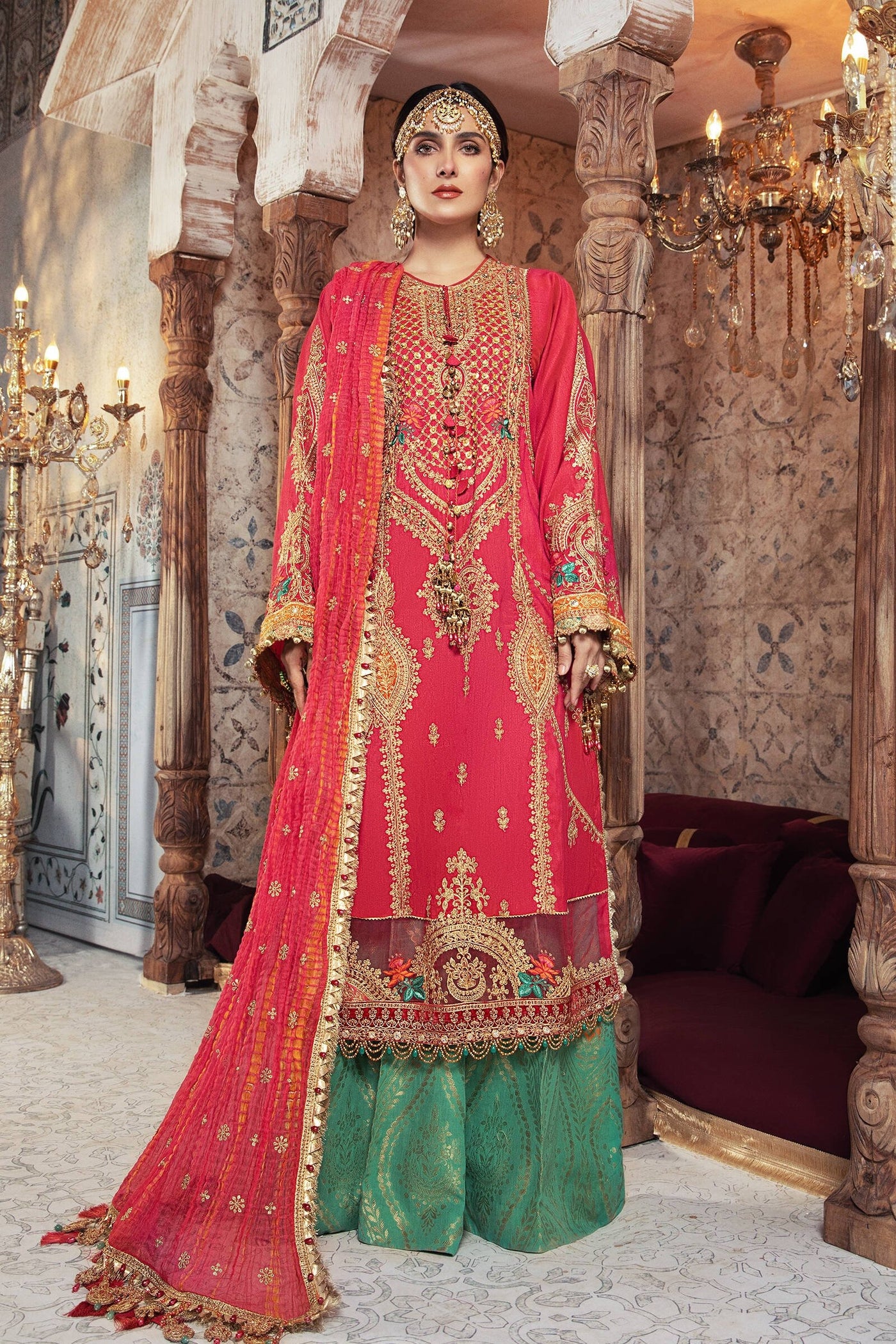 Maria.B Unstitched 3 Piece Mbroidered  Aqua and Salmon pink Suit BD-2302