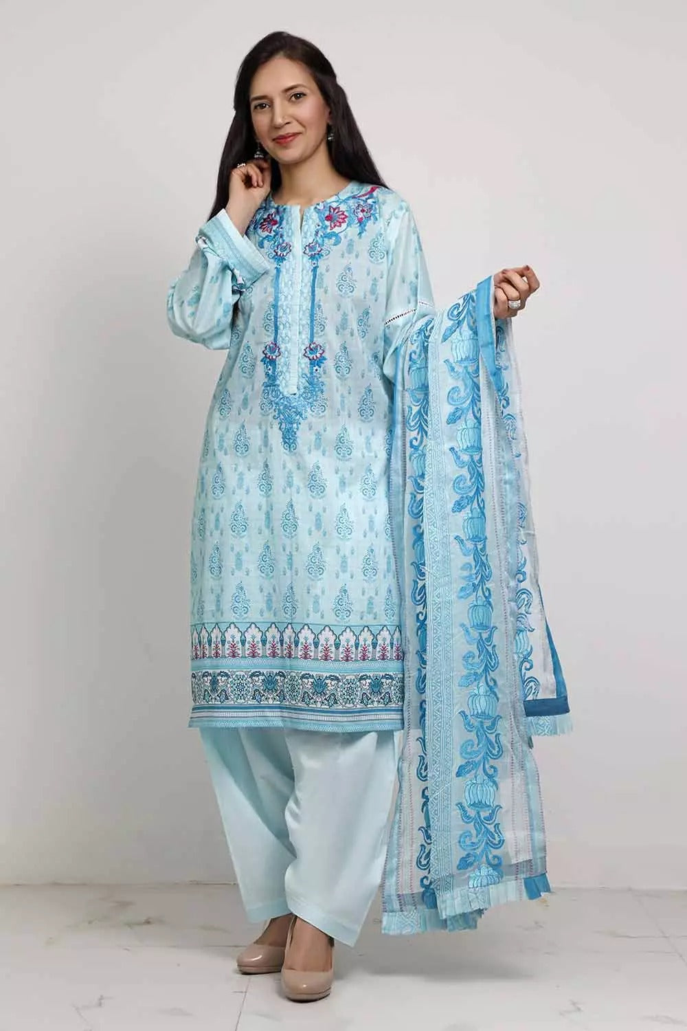 Gul Ahmed 3PC Unstitched Digital Printed Embroidered Lawn Suit With Embroidered Chiffon Dupatta BM-186