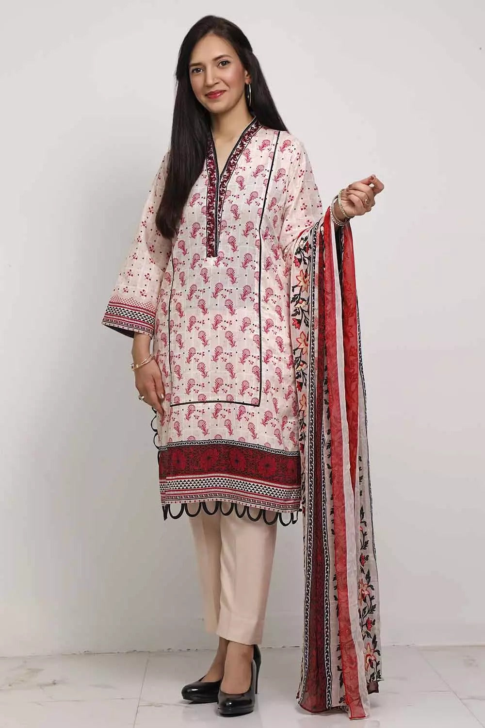 Gul Ahmed 3PC Unstitched Digital Printed Embroidered Lawn Suit With Embroidered Chiffon Dupatta BM-187