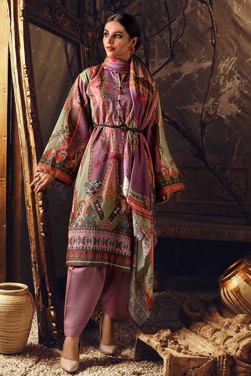 Gul Ahmed 3PC Unstitched Digital Printed Corduroy Suit with Cotton Net Dupatta CD-12012 B